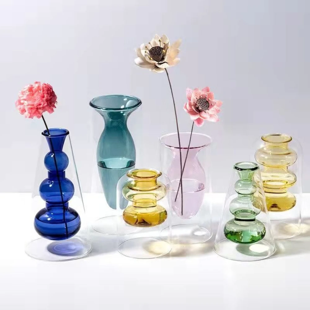 Nordische Einfache Doppelschichtige Farbige Glasvase Künstlerische Rattan-Aromatherapie-Flasche Hydroponische Blumenvase Heimdekoration