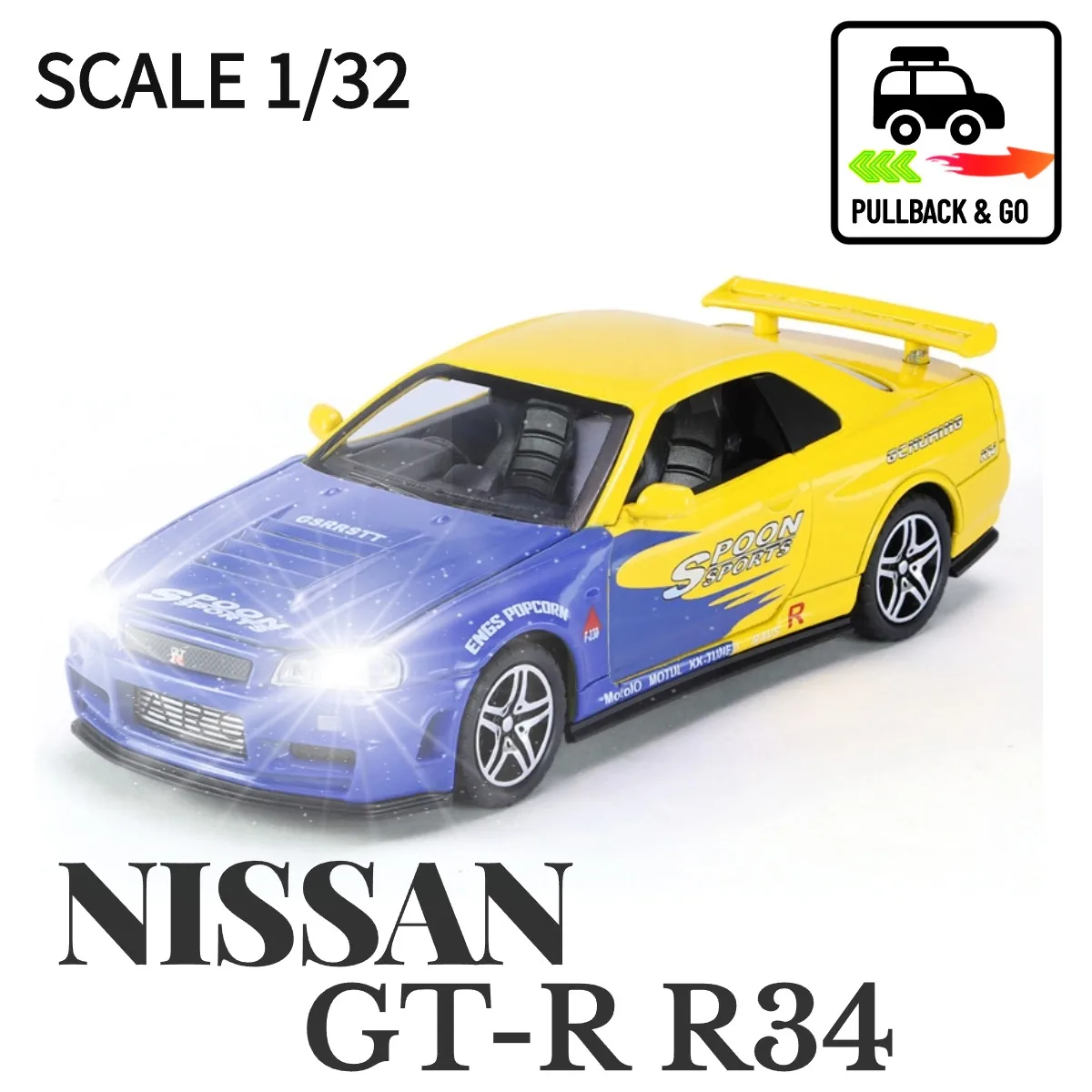 

Nissan GT-R R34 LP780-4 Scale 1:32 Pullback Car Toy with Lights Engine Sound, Metal Diecast Car Model Gift Kid Boy Toy