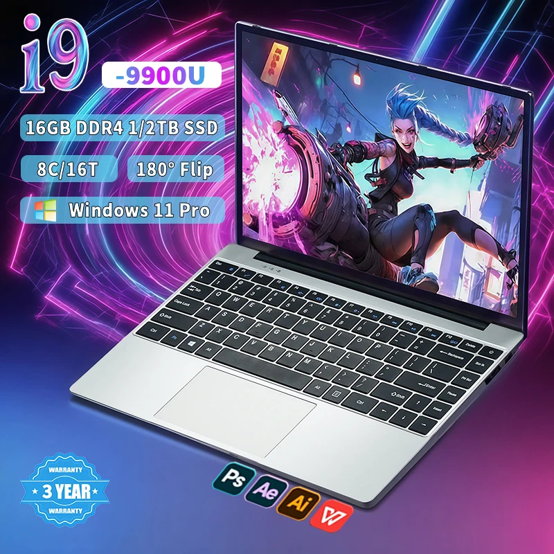 

14.1 inch Portable Core i9-9900U Windows 11 Pro Notebook Computer Laptop HD Screen 12GB RAM 1TB 2TB SSD laptops gamer