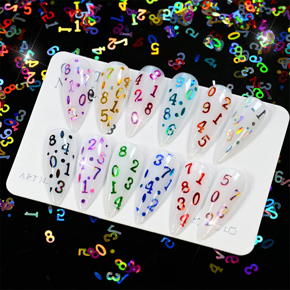 12 Jars Holographic 0-9 Number Nail Glitter Sequins Set Laser Rainbow Digital Nail Confetti Flakes 3D Number Nail Art Decoration