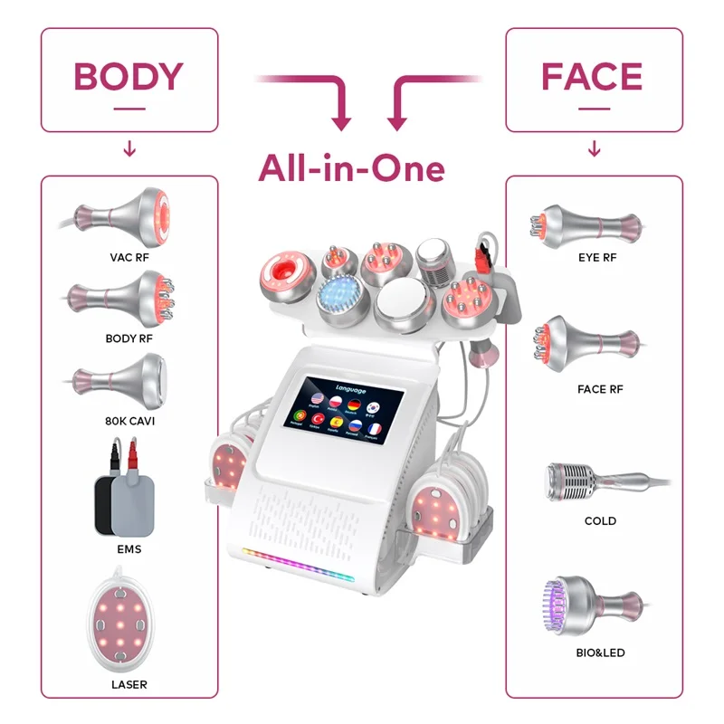 9 في 1 أداة 80K التجويف بالموجات فوق الصوتية آلة تخسيس الجسم متعدد القطبية راديو المضادة للتجاعيد تجديد الجلد رفع تشديد