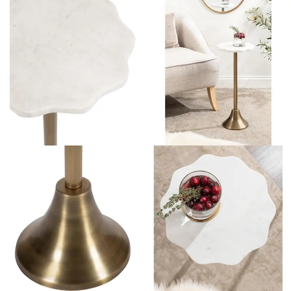 

Столик для напитков на пьедестале Sanzo Modern, 10 x 10 x 23, старинная латунь и белый, декоративный торцевой столик с зубчатой мраморной столешницей для