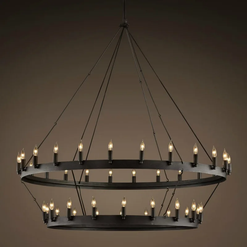 

American Retro Iron Double Pendant Lamp Vintage Industrial Led Droplight Round Cafe Restaurant Bar Knight Candle Chandelier