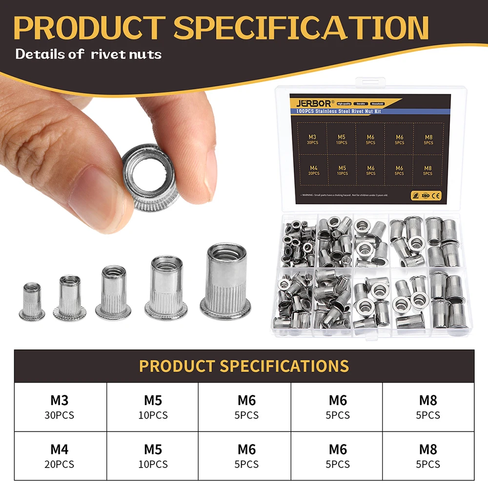 100/150/180pcs Stainless steel Rivet Nut M3 M4 M5 M6 M8 M10 Insert Reveting Multi Size Stainless Steel Rivet Nut Set Rivetnut