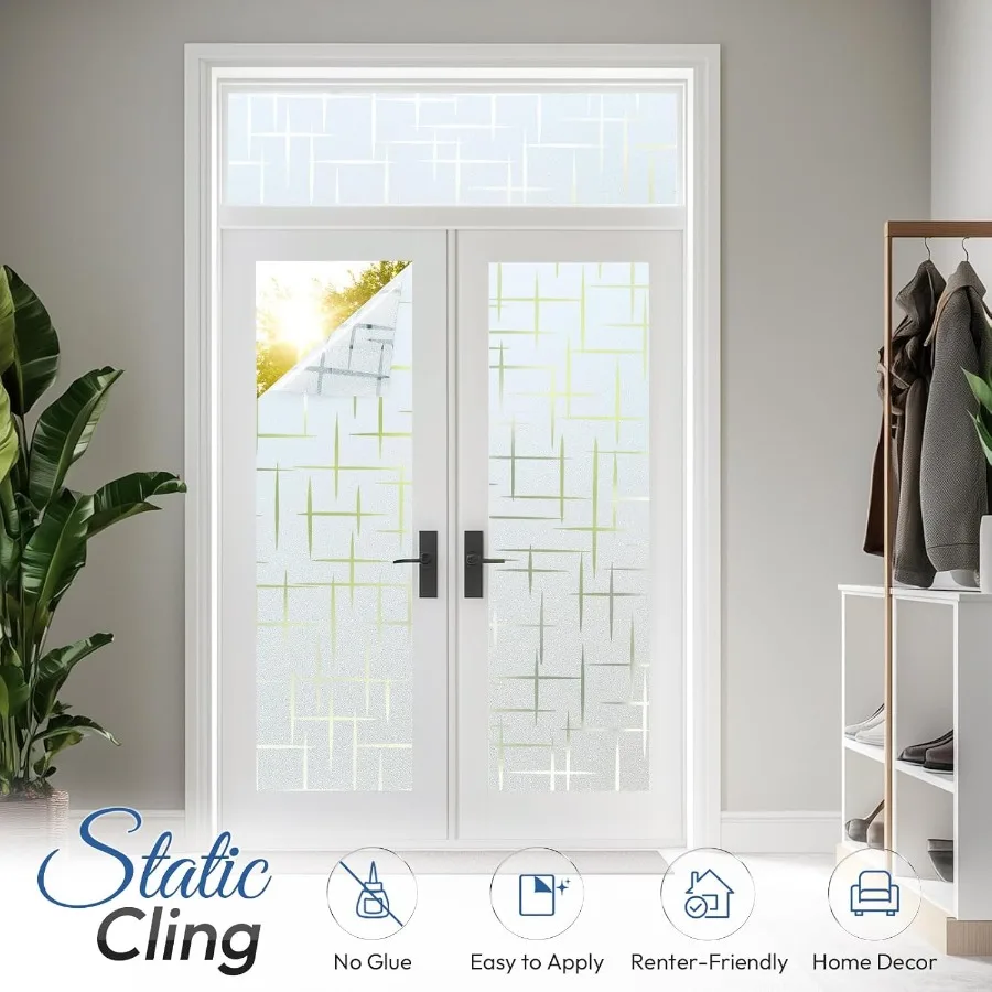 욕실 및 현관문용 장식용 비접착식 프라이버시 필름, 십자 패턴 반투명 유리 효과로 프라이버시 강화