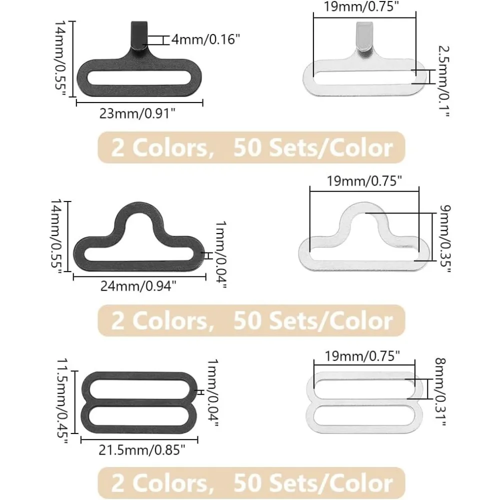 100 ชุด 2 สีปรับ Bow Tie ฮาร์ดแวร์คลิปชุดเหล็ก Hook Fastener สําหรับสายคล้องคอ,Black & Silver