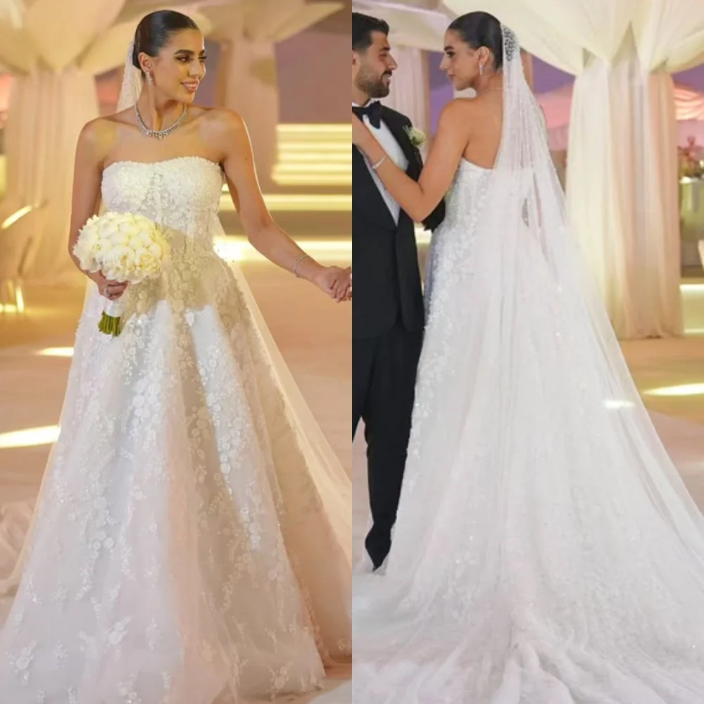 

Customized High Quality White Tulle Wedding Dress Temperament Strapless Sleeveless Bridal Gowns Chapel Train Open Back Dress