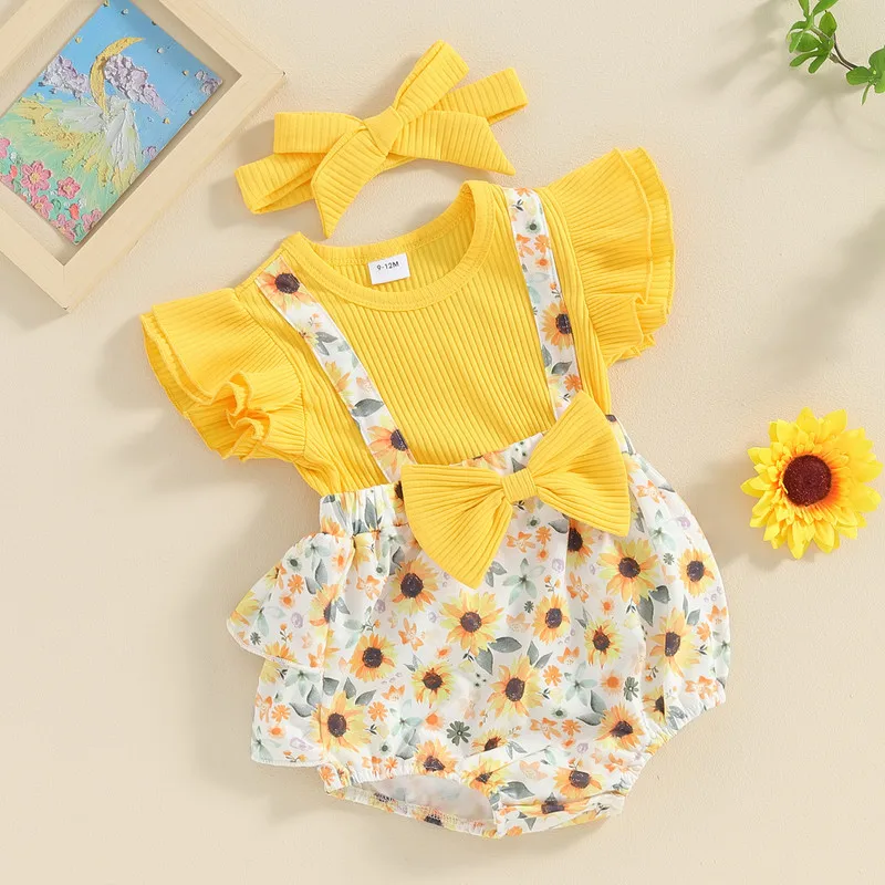 

Baby Girl Bodysuit 2 Piece Summer Set, Fly Sleeve Sunflower 3D Bow Fake Two-Piece Jumpsuit Ribbed Headband Infant