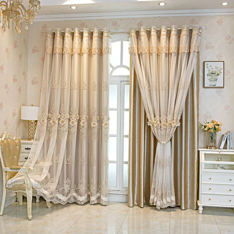 Embossed 3D Embroidered Luxury Curtains For Living Room Bedroom Dining Elegant High Shading Coffe Double Layer Windows Drapes