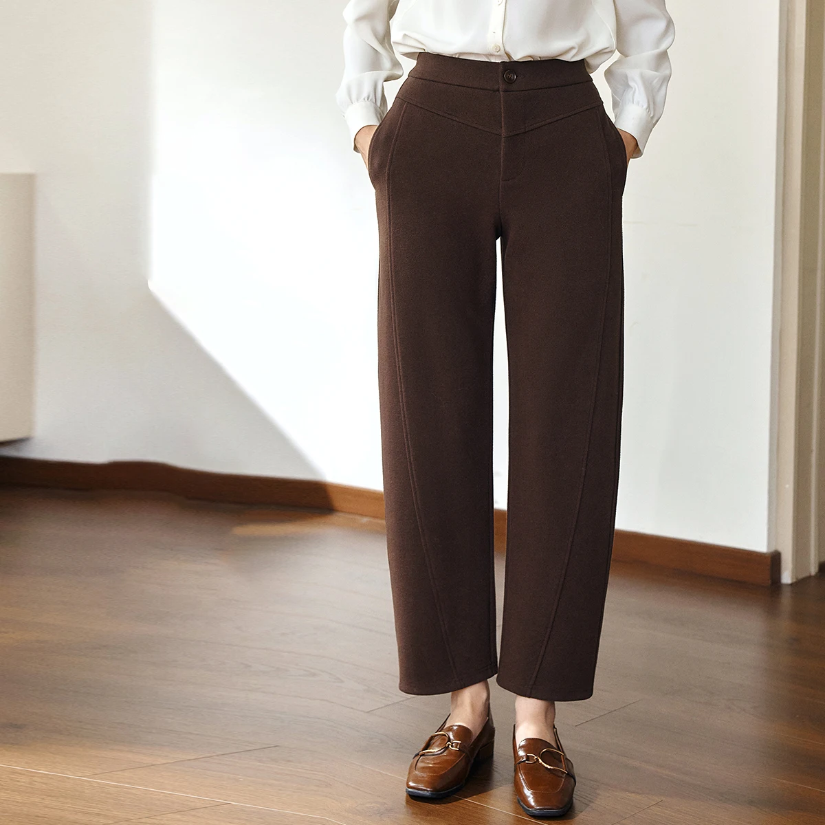 OLrain Women Brown High Waist Woolen Cropped Pants 2026 Winter Warm Straight Leg Casual Elegant Office Work Pants O57QK000588
