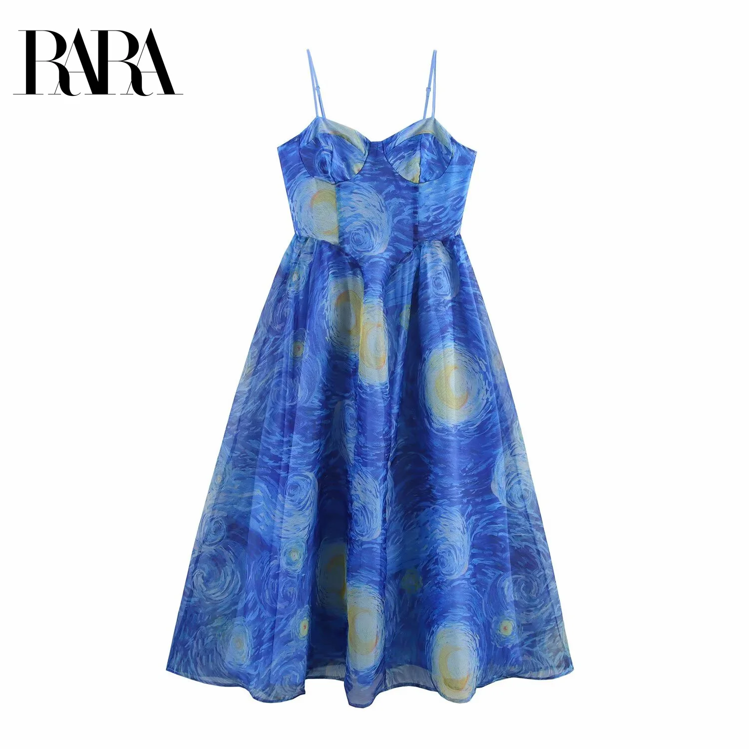 

RARA 2025 Women's Spaghetti Strap Dress with Sweetheart Neckline and Van Gogh - inspired Print for Summer Parties and Events