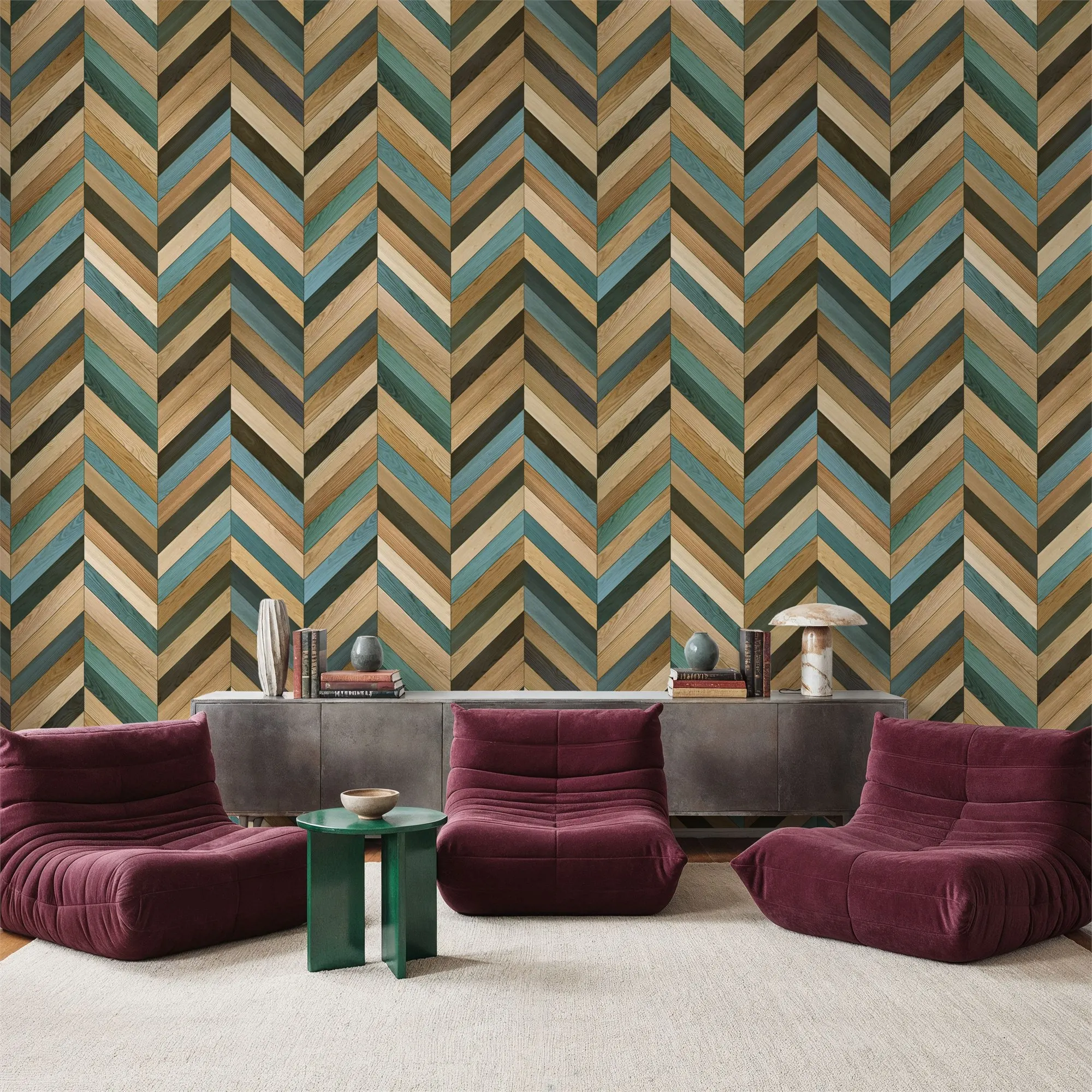 Chevron Wood Teal Custom Wallpaper Wall Mural for Living Room