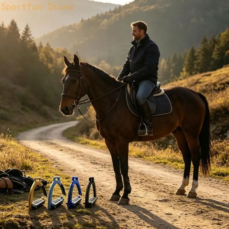 Anodized Aluminum Horse Stirrups with Wide Footbeds, Textured Steel Treads and Visible Outer-Arm Joint Hardware X7JD