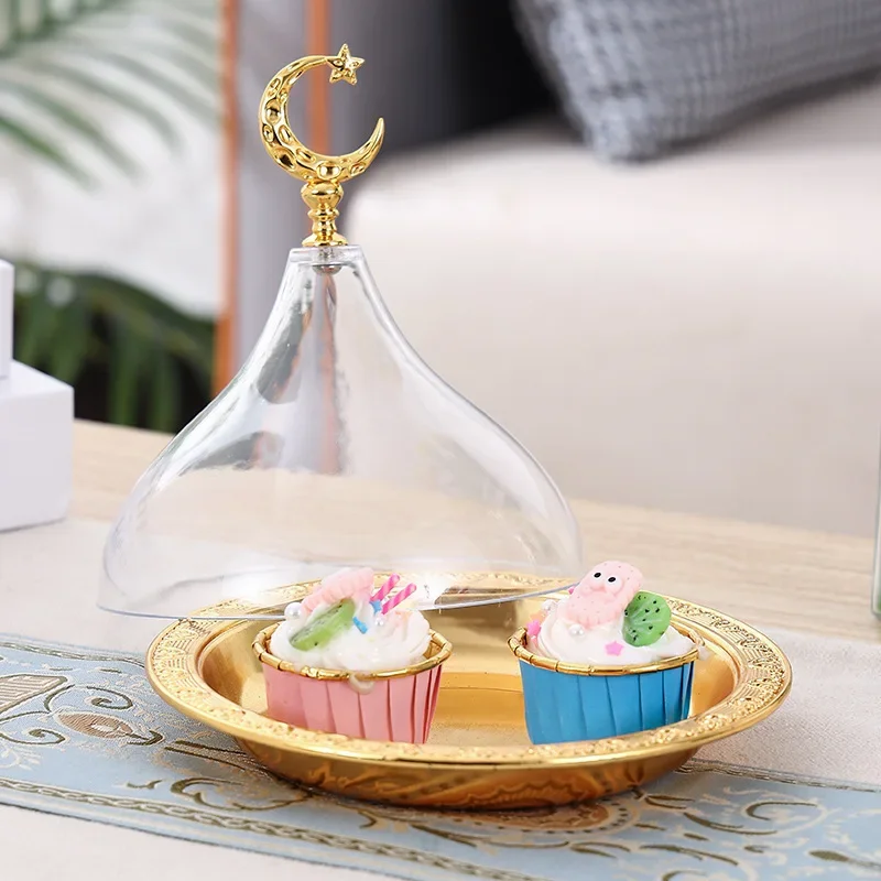 Metal Ramadan Tray with Clear Dome Lid Mini Cake Candy Tray Reusable Dessert Tray Round Food Storage Organizer for Nuts, Candies