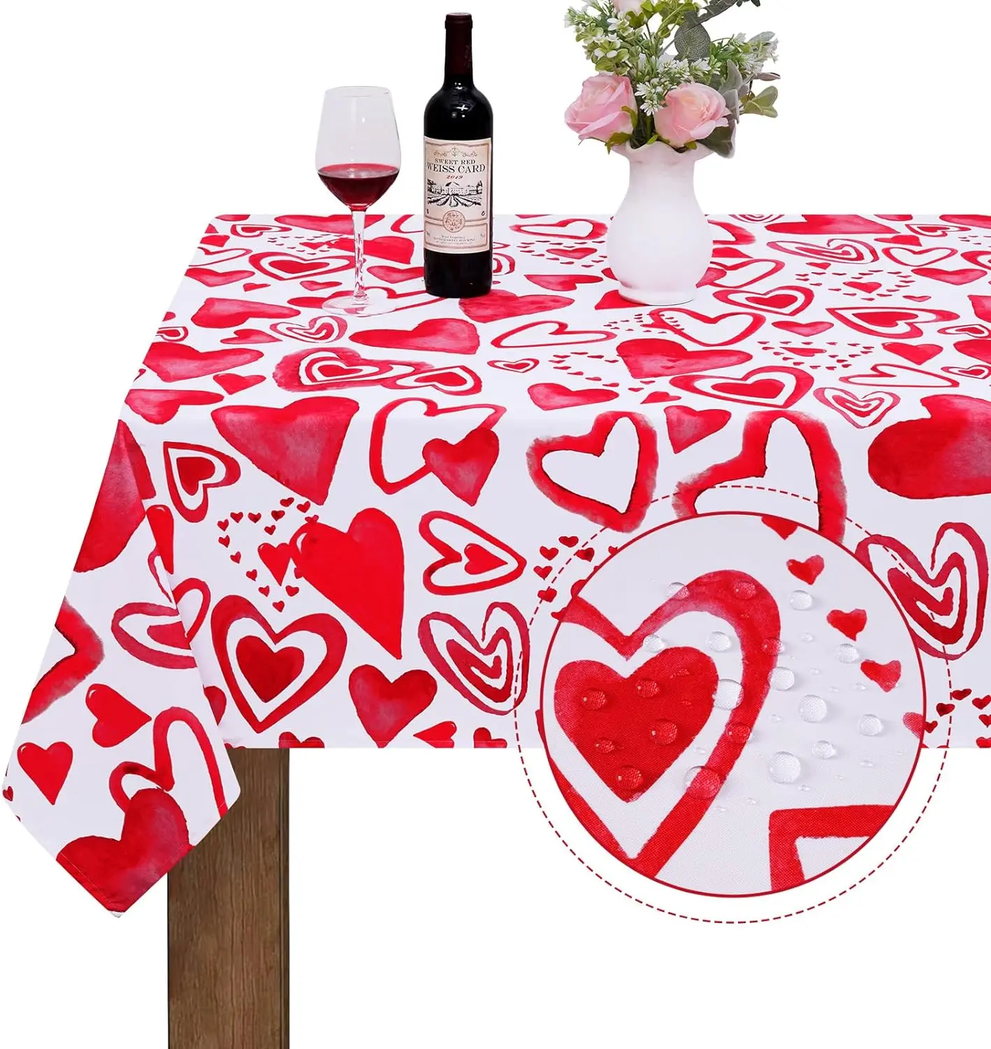 Valentine's Day Red White Love Heart Table Cloth Romantic Heart Tablecloth Polyester Waterproof Spillproof Wedding Party Decor