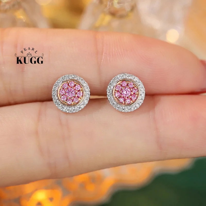 KUGG 100% 18K White Gold Earrings Romantic Round Design 0.40carat Real Natural Pink Diamond Earrings for Women Wedding Party