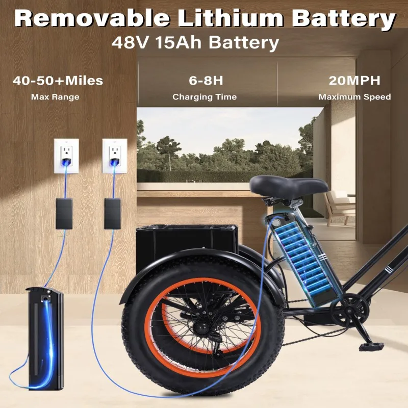 دراجة ثلاثية العجلات كهربائية للبالغين، دراجة كهربائية بقدرة 500 وات، دراجة كهربائية، مقاس 20 بوصة × 4.0 بوصة، دراجة كهربائية بإطارات عريضة، دراجة كهربائية ذات 3 عجلات