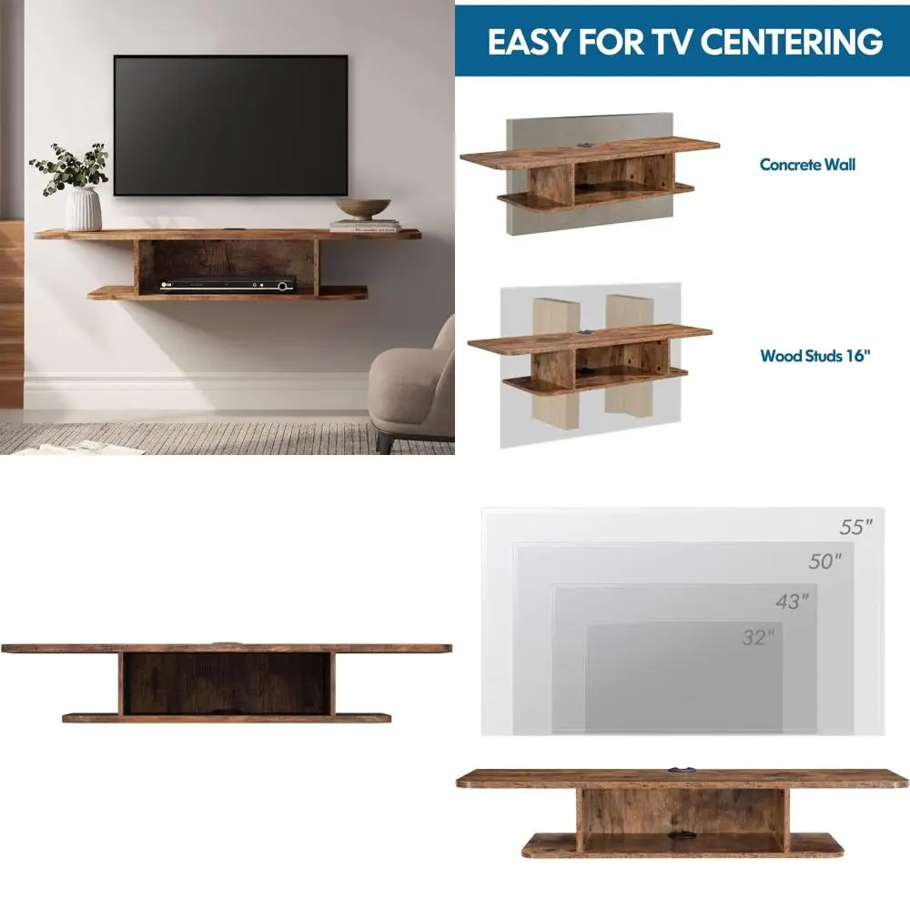 

Modern 2-Tier Floating TV Stand Wall Mounted Entertainment Center for Living Room, Brown, Under TV Shelf Design