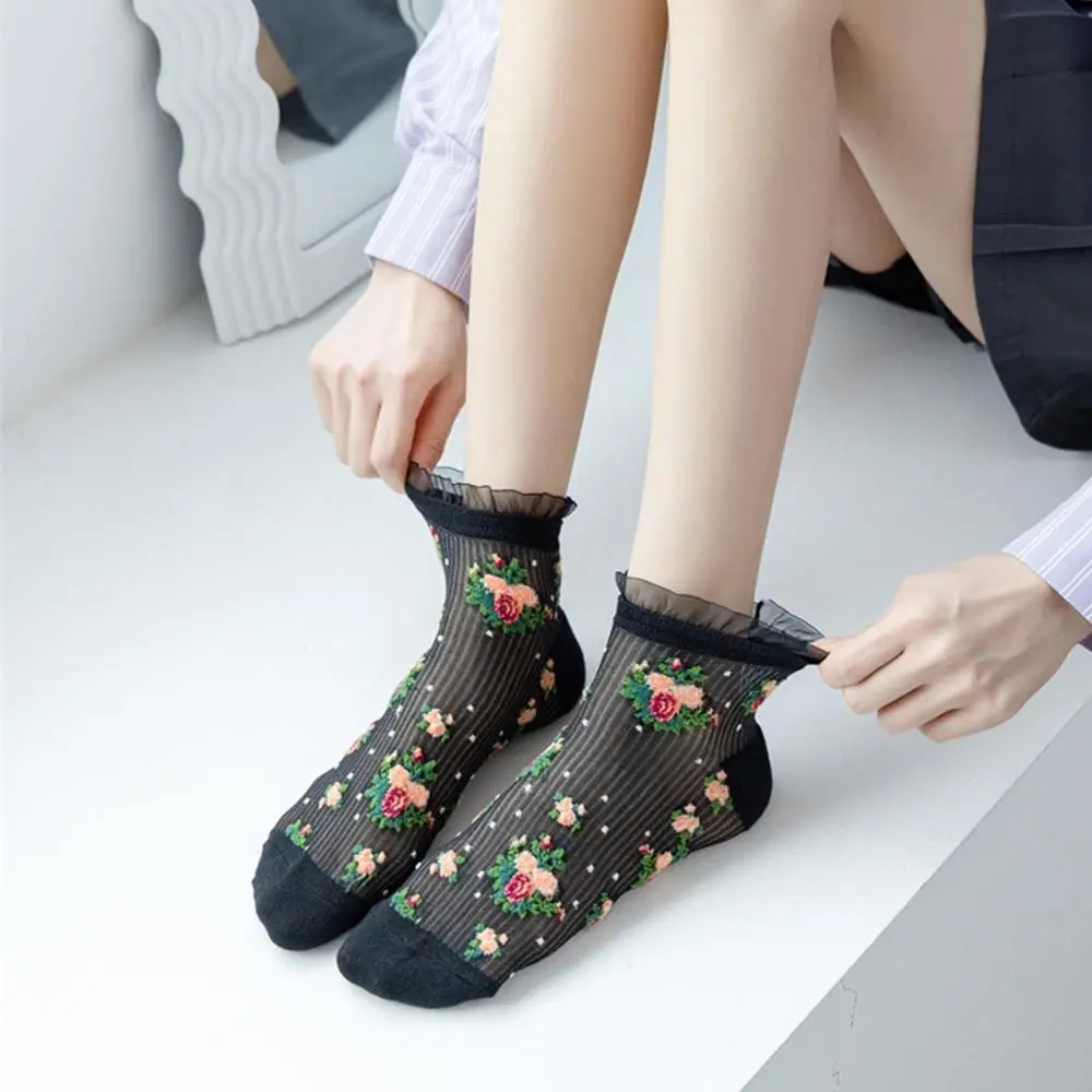 Floral Element Crystal Silk Socks Anti-Friction Foot Ultra-thin Floral Embroidery Socks Mid-tube Breathable