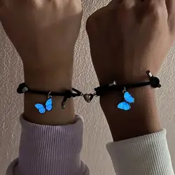 2 PCS/Set Butterfly Couples Pendant Luminous Bracelet for Women Men Minimalist Rope Braid Bracelet Friendship Jewelry Gifts