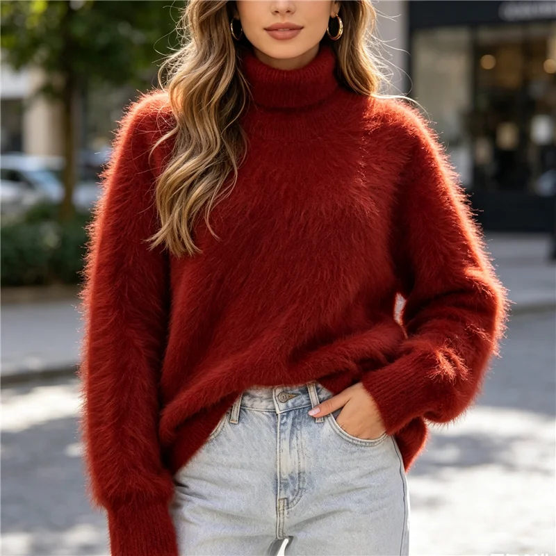 

2026 Autumn Winter Thick Warm Hairy Mink Cashmere Knitted Long Sleeves Turtleneck Long Sleeves Loose Pullover Sweater Jumper Top