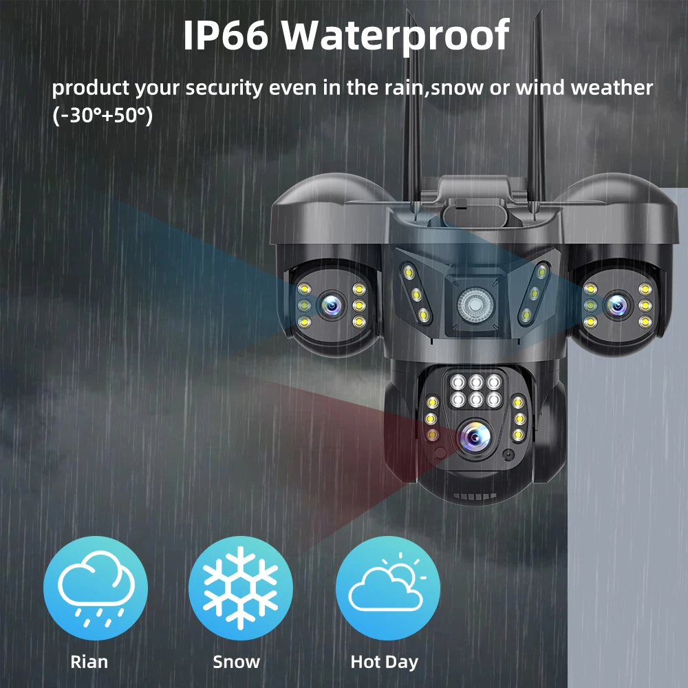 V380 PRO 4G Solar WiFi PTZ Security Camera 15MP HD Outdoor Triple Lens Three Screen CCTV with PIR Human Detection Monitor