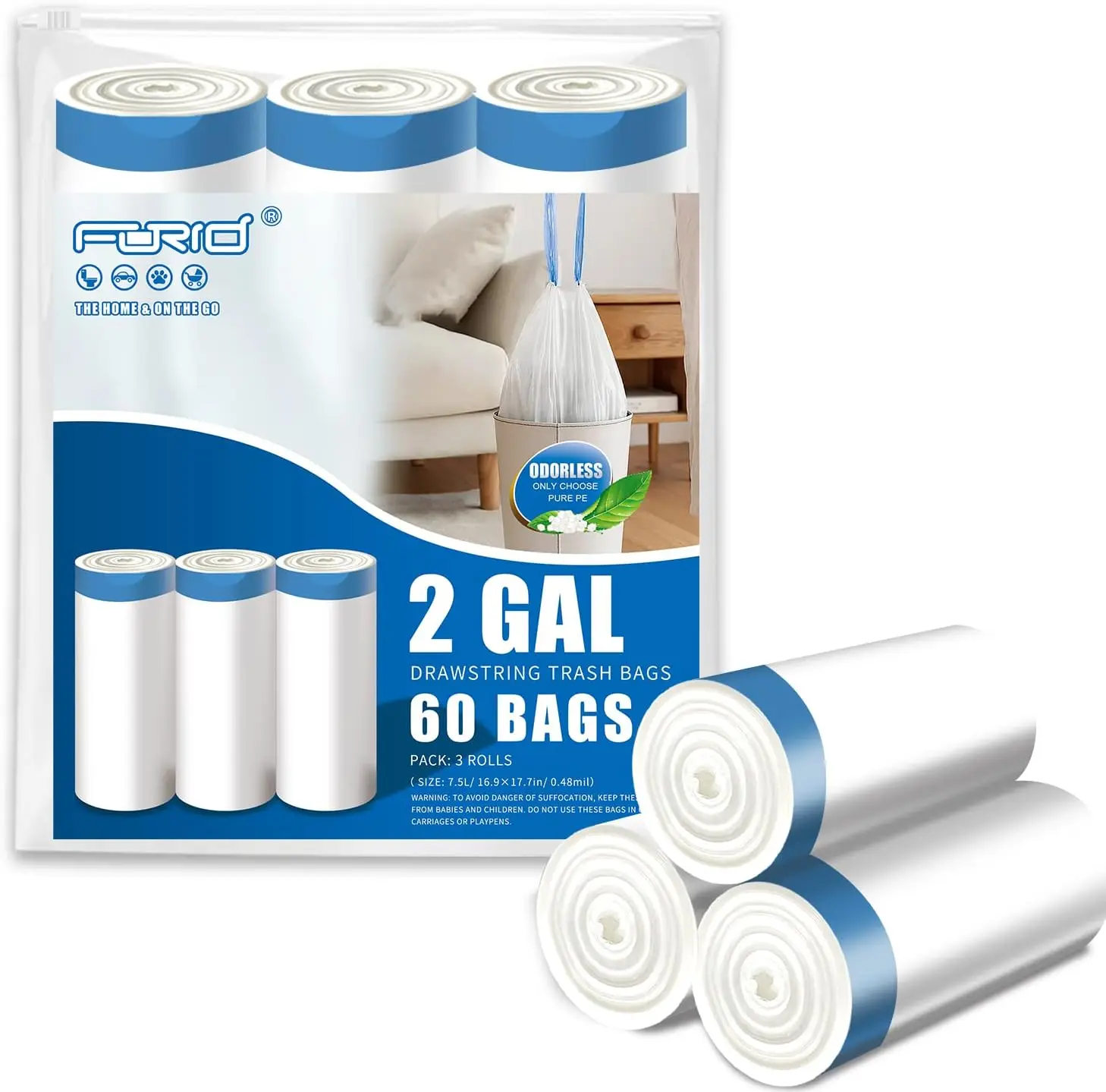 

2 Gallon Drawstring Trash Bags - Small White Plastic Garbage Can Liners for Bathroom Office Bedroom, 60 Count