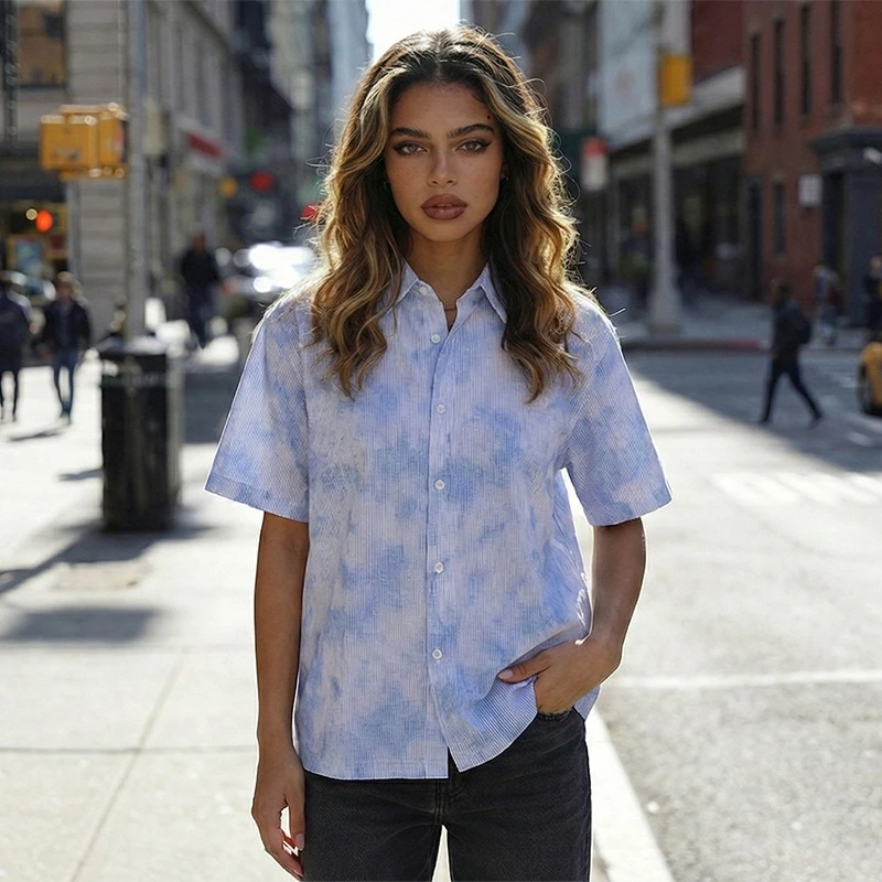

100% Cotton Men's Tie Dye Striped Short Sleeve Shirt Streetwear Casual Loose Button Up Tops Summer Vintage Harajuku Unisex Shirt