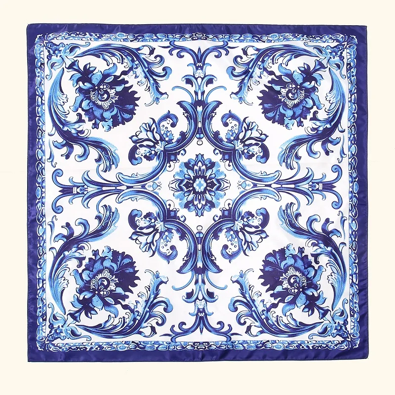 Écharpe carrée en satin de porcelaine pour femmes musulmanes, hijab imprimé, écharpe de sauna pour dames, bande de sauna, bleu et blanc, 90x90cm,