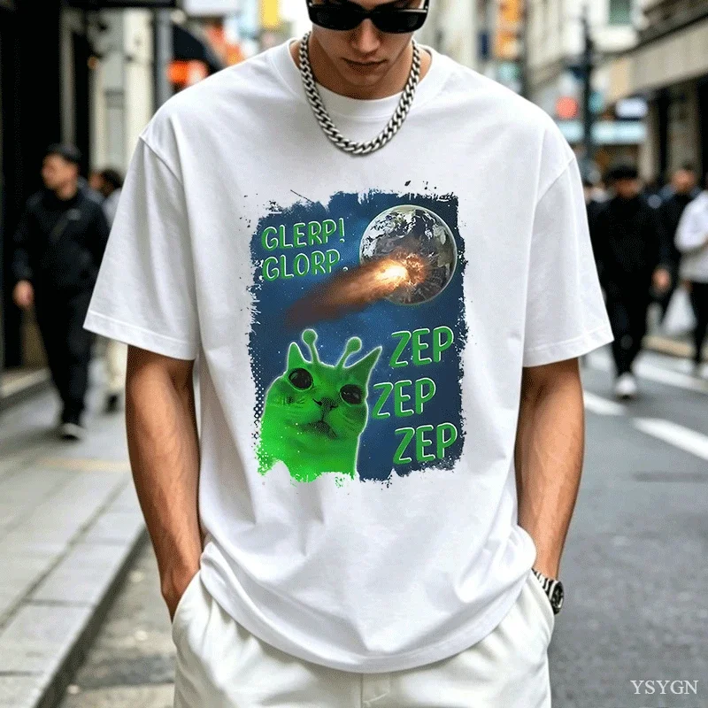 Funny Alien Cat T-Shirt Men Women Humor Brainrot T Shirt Silly Cats Joke T Shirts Cotton Short Sleeve Harajuku Tees Streetwear
