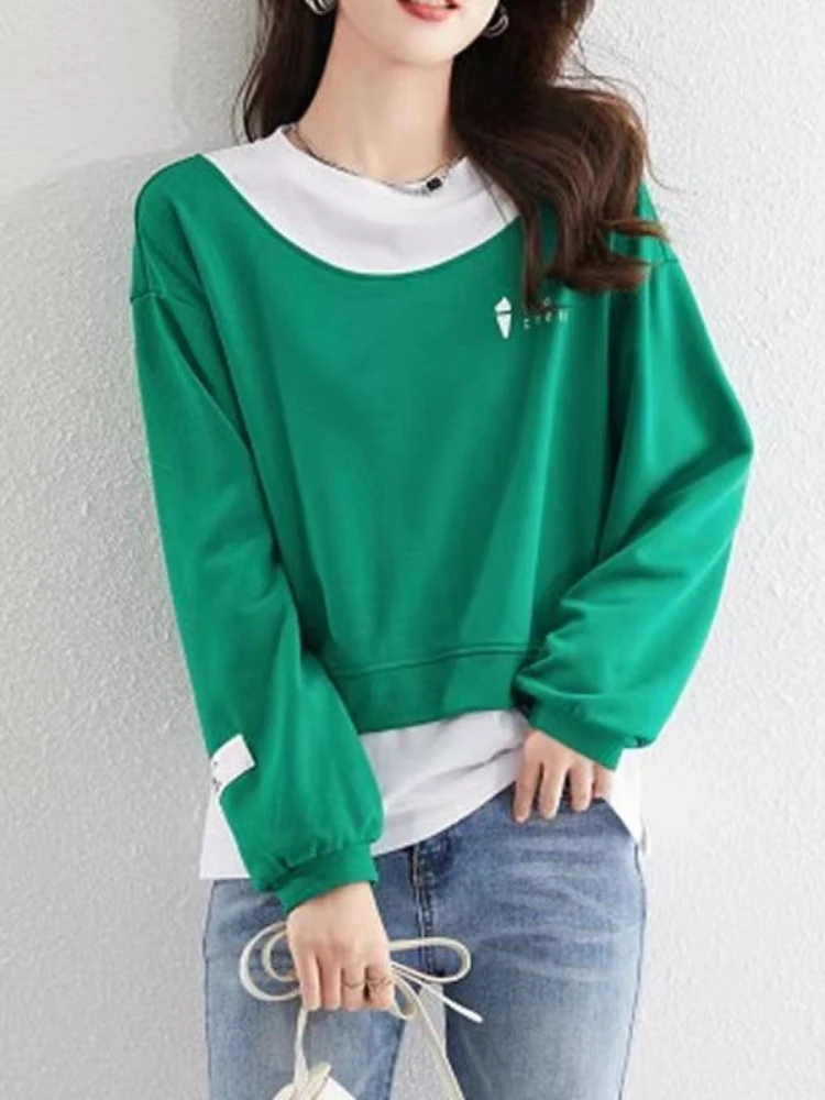 Woman Tops Loose Sweatshirt for Women Baggy Green Splicing Pullover Round Neck on Promotion Korean Fashion Cotton Sport Coat Emo