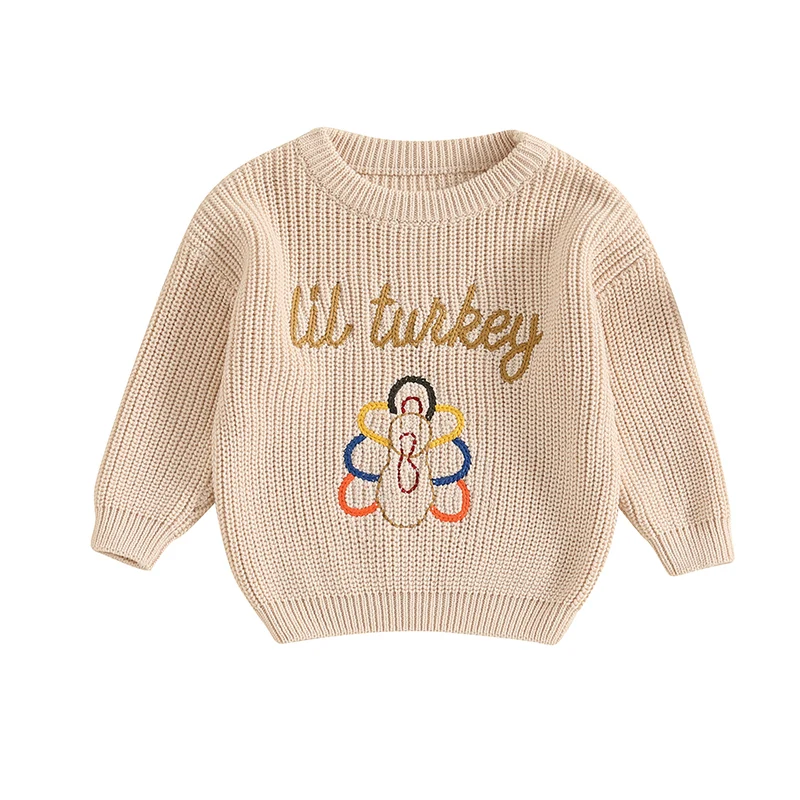 

Newborn Thanksgiving Sweater Casual Letter Turkey Embroidery Warm Knitted Long Sleeves Pullover Knitwear for Toddler