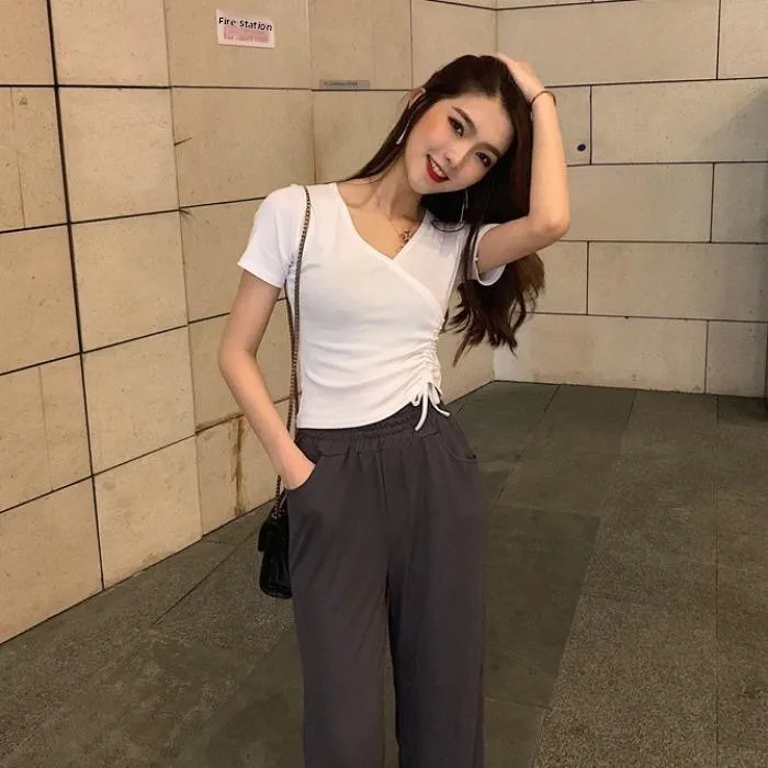 Sexy Drawstring V-Neck Short Sleeve T-Shirt Women's Slim Fit Design Sensation Trendy Top Commute Style Pure Color Modale Fiber