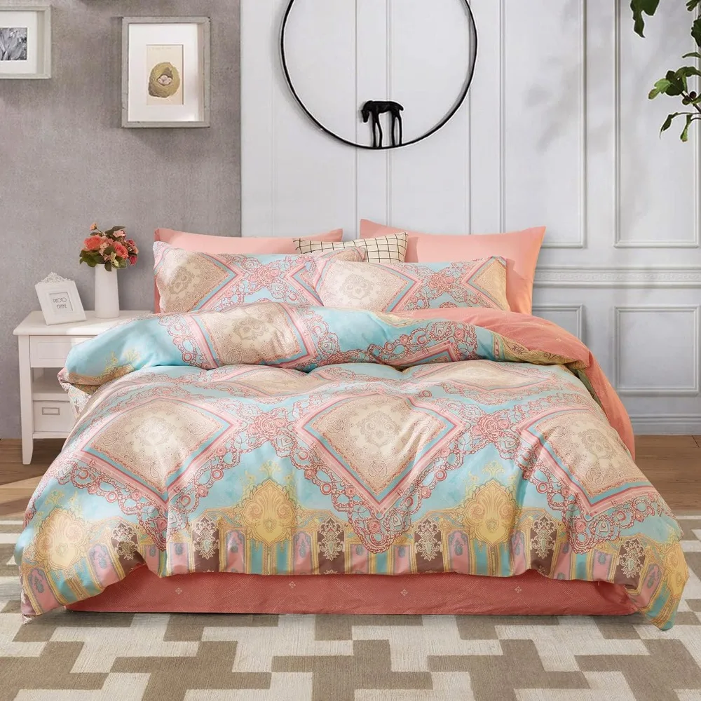 

Queen Size Boho Duvet Cover Set in Pink with Blue Comforter and 2 Pillow Shams