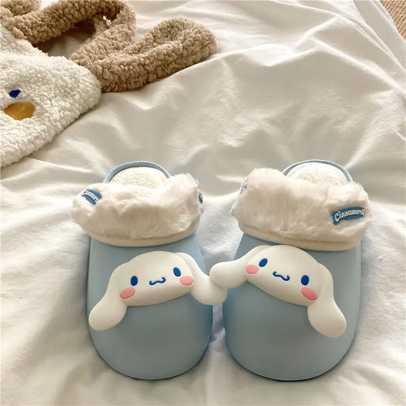 Cartoon Cinnamoroll My Melody Kuromi Winter Thick-Soled Waterproof Furry Slippers Kawaii Detachable Warm Couple Home Shoes