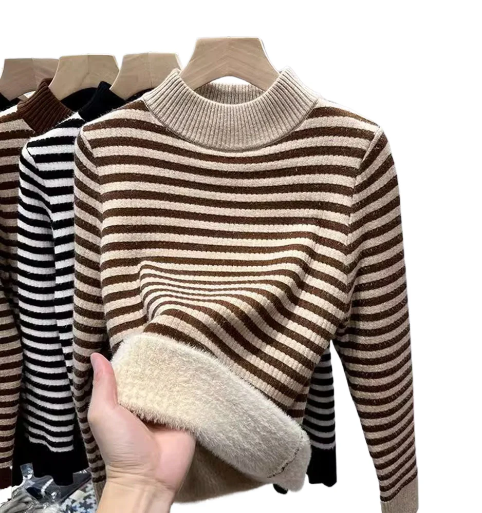 

Half High Collar Winter Stripe Sweater Women Elegant Thicken Velvet Lined Warm Knitted Pullover Tops New Loose Long Sleeve Top