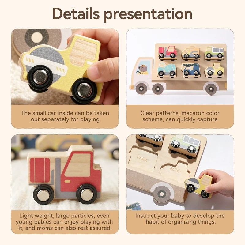0-3 Jahre Auto-Spielzeug Holz-Baufahrzeug-Set Montessori Formen-Zuordnungspuzzle mit 6 Stück Baufahrzeuge Lernspielzeug – Detail 16