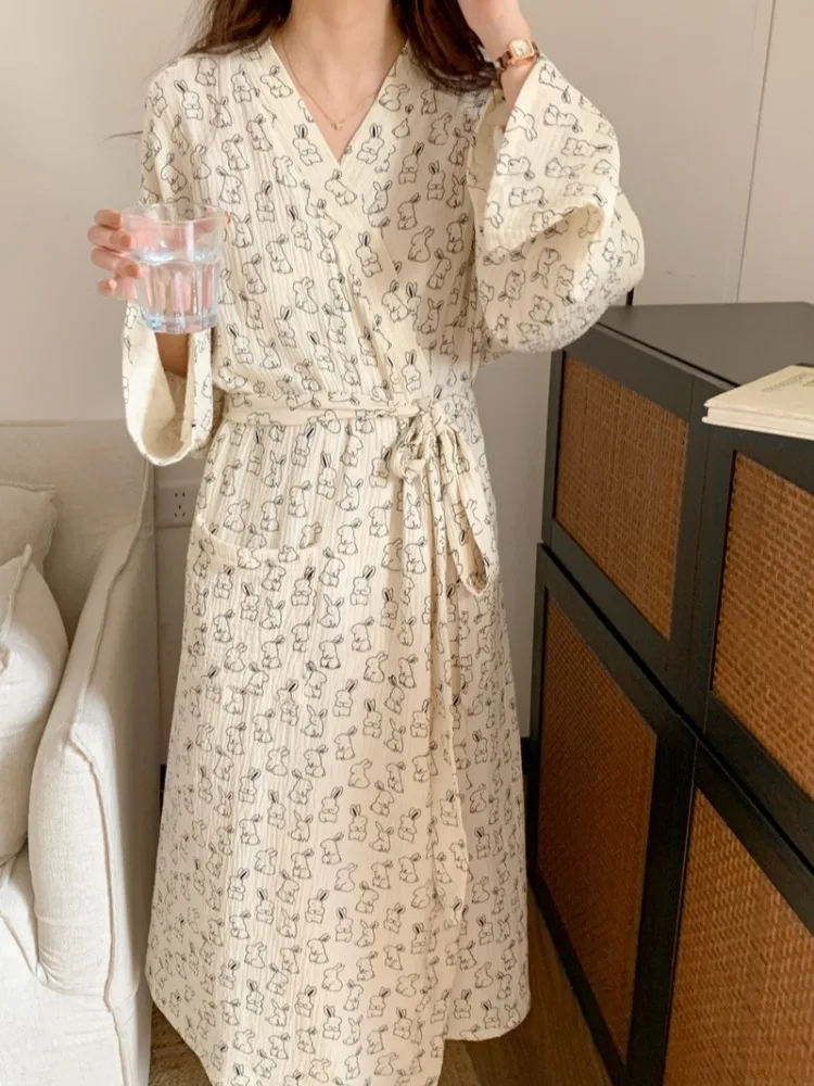 

Хлопковый халат с милым рисунком, длинный све, женская домашняя одежда, сезонная удобная ночная рубашка на весну и осень