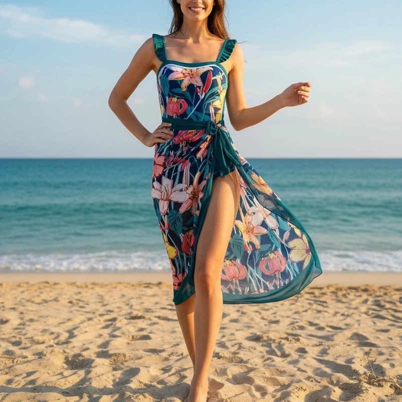 

Купальник-монокини с принтом и пляжная юбка (2 предмета) для женщин, сексуальный комплект для плавания, пляжная одежда 2026