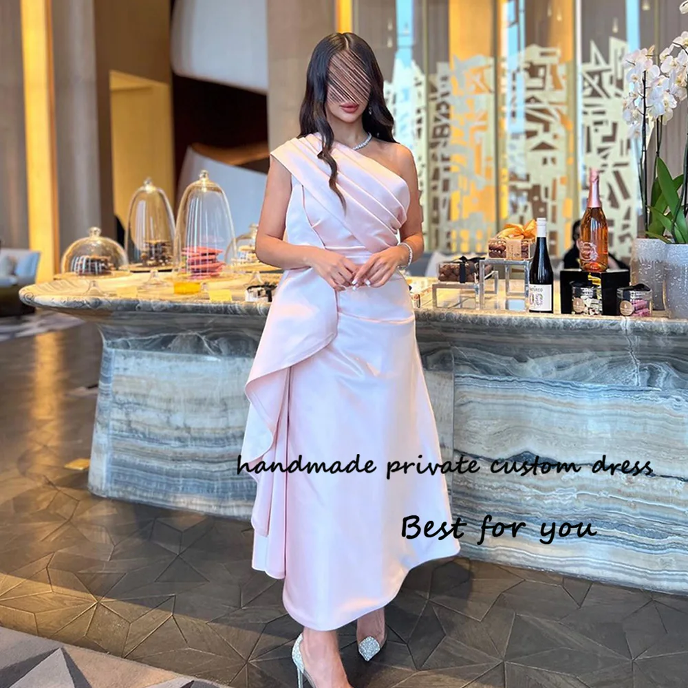 

Light Pink One Shoulder Formal Evening Dresses Pleats Satin Ankle Length Prom Party Dress with Skirt Elegant Occasion Gowns