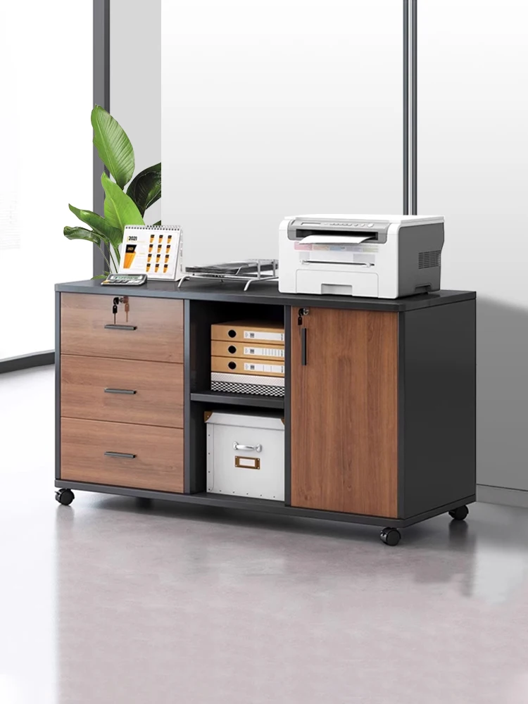CX office desk storage, documents, low cabinet, printer placement, locked drawer cabinet