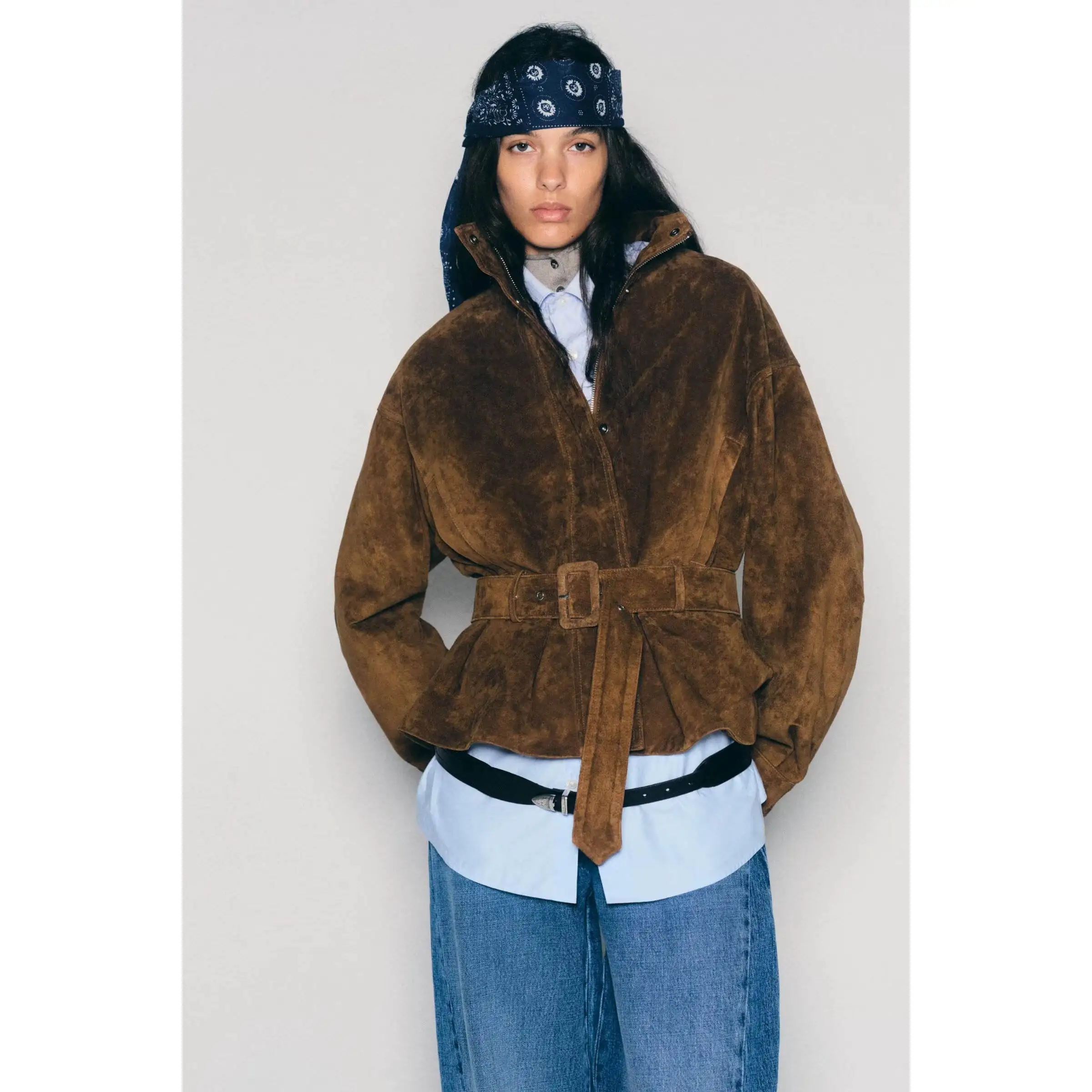 Fashionable Leather Jacket with Belt Versatile Women's Outerwear Short Coat Long Sleeve Zipper Closure Standard Fit Polyester