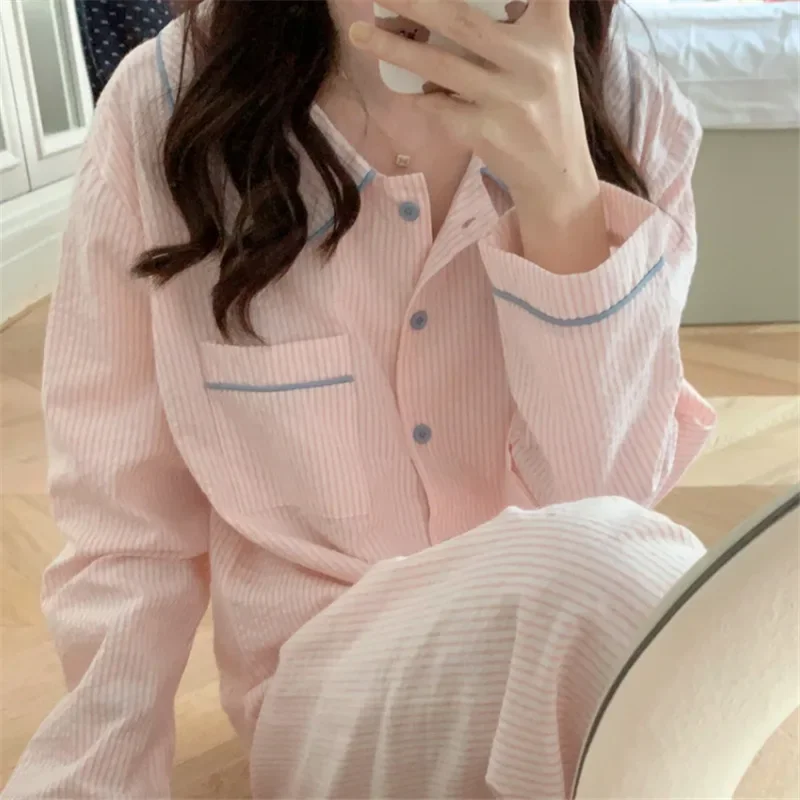 Spring and Autumn Long Sleeve Pajamas Cute Color Blocking Stripes Casual Loose Sleepwear Turn-down Collar Homewear 2 Pieces Set