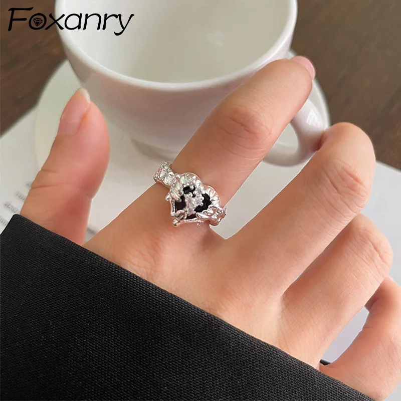 Foxanry Black Zircon Irregular Love Heart Rings For Women Couples Classic Trendy Creative Personality Anniversary Jewelry Gifts