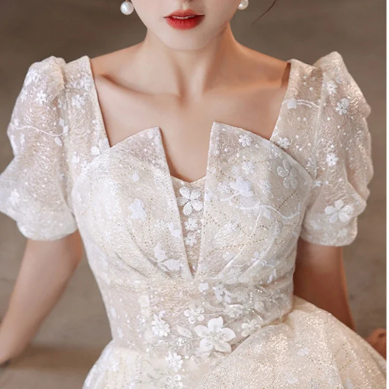 Customized Fairy Solid Elegant Square Collar Puff Sleeve Prom Dress Sweet High Waist A-line Tiered Vestidos Temperament Floral P