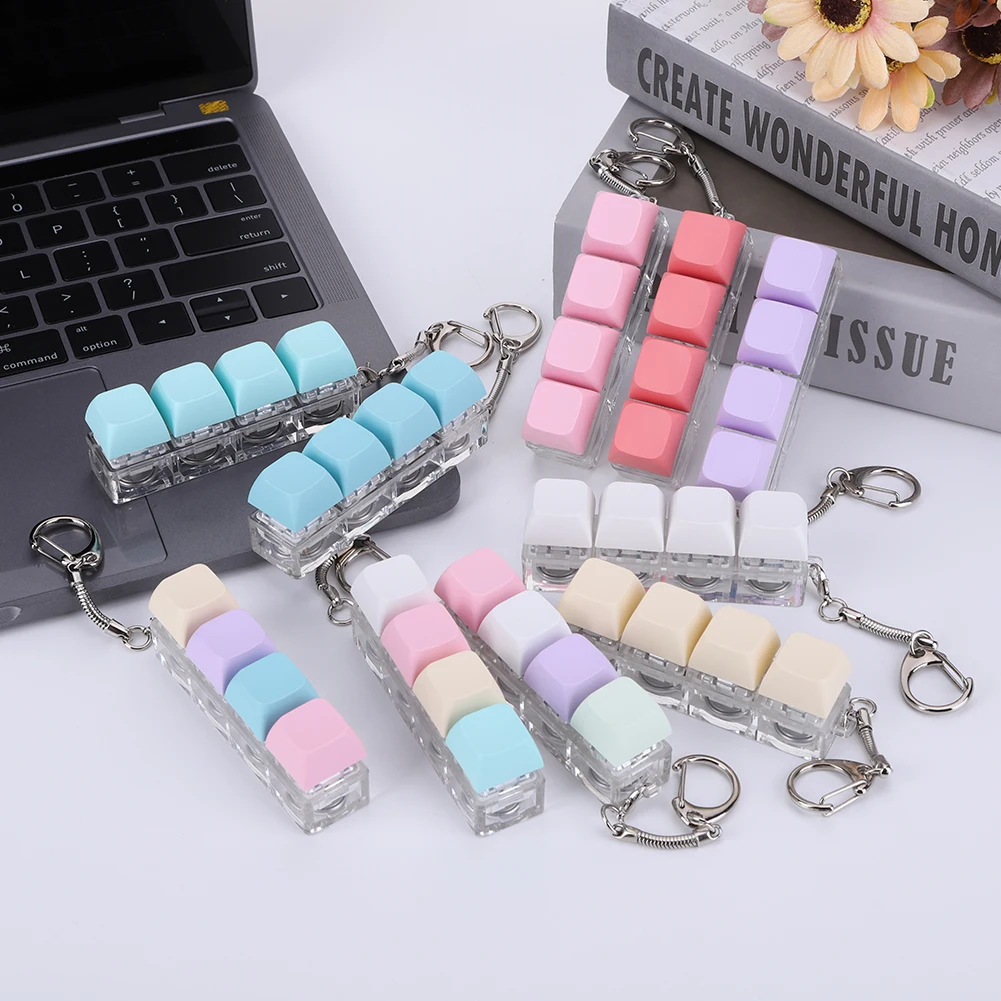 Keyboard Fidget Keychain 4 Keys Keyboard Decompression Toys with LED Light Keyboard Clicker Toy DIY Button Stress Relief Toys