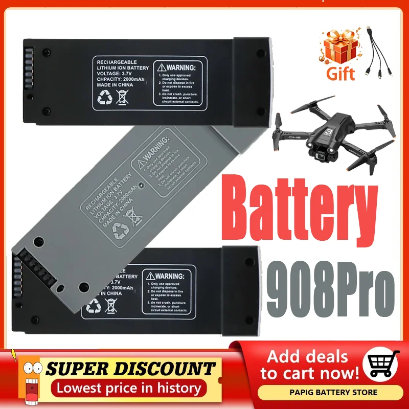 

Original Z908 Drone Battery 2000mAh Compatible with Z908 ProMax/Pro Drones | 3.7V LiPo Rechargeable Battery (Grey/Black)