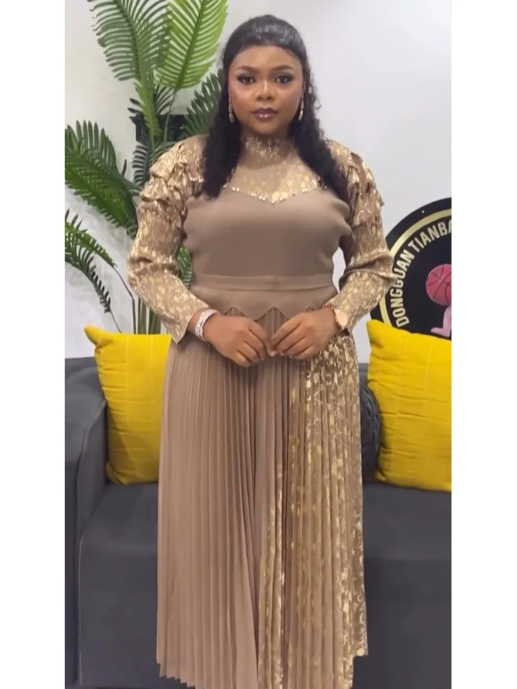 فستان EGRM عالي المرونة بطيات للنساء بياقة دائرية وأكمام طويلة وأربطة مطبوعة فساتين غير منتظمة الطيات 2025 جديد 6R4018