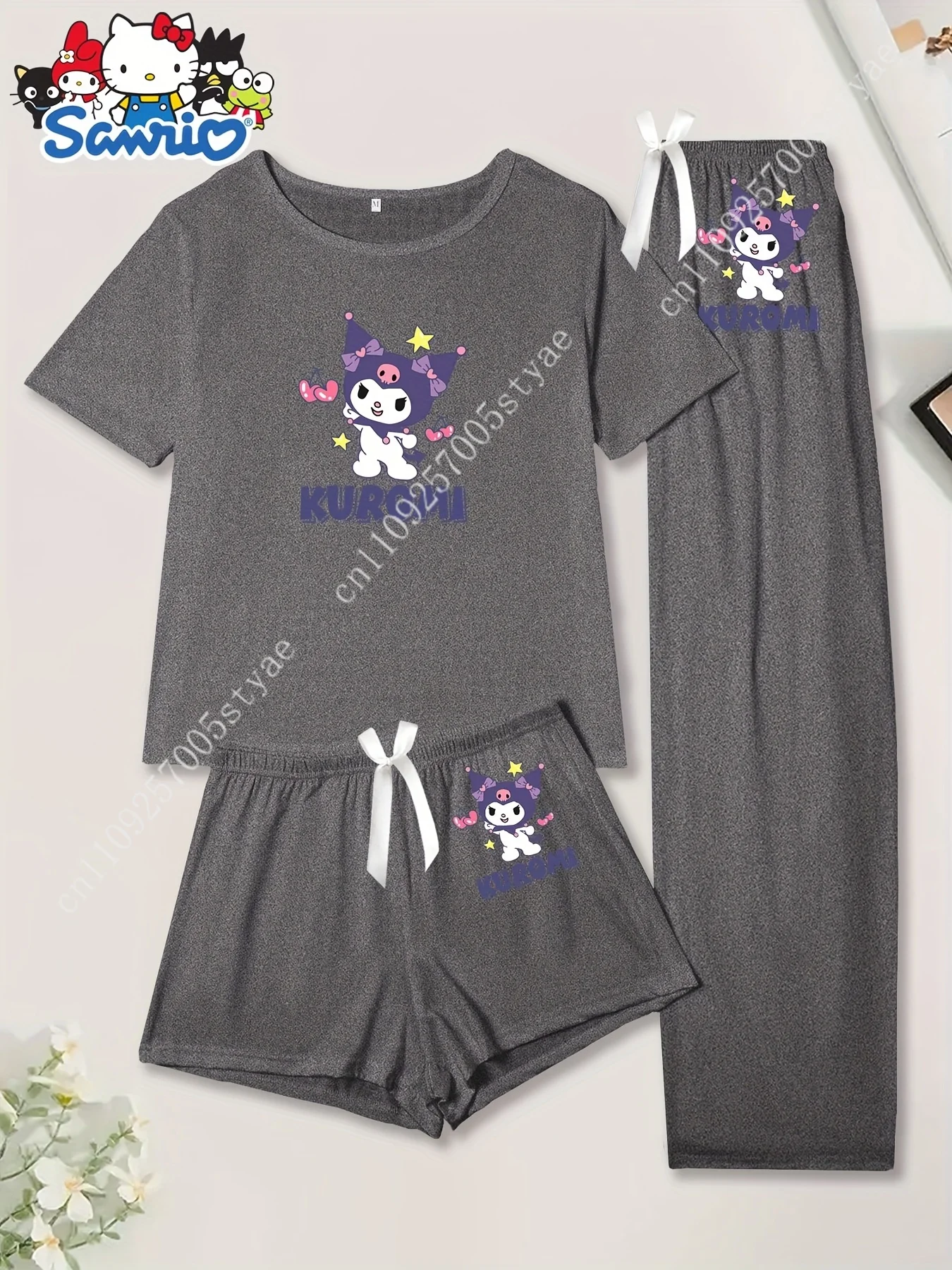

Sanrio Kuromi Women'S Pajamas Printed Kuromi 3pcs Set Long Pants Short Sleeve Top Short Shorts Matching Spring Summer