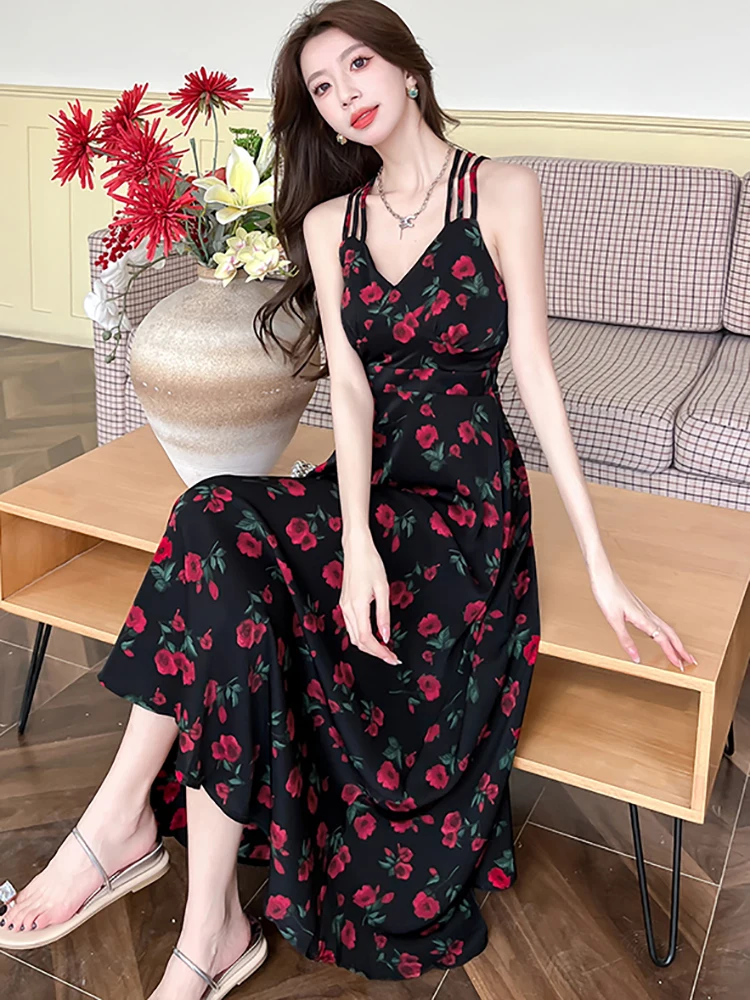 Summer Black Chiffon Chic Ruffled Floral Sling Long Dress Women Korean Vintage Evening Dress 2025 Elegant Bodycon Party Vestidos